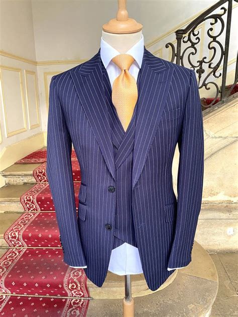 navy blue pinstripe suit combinations|3 piece blue pinstripe suit.